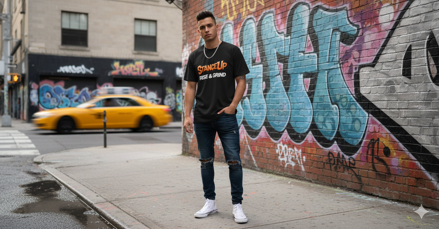 StanceUp "Rise & Grind" Streetwear Tee – Urban Motivational Graphic T-Shirt